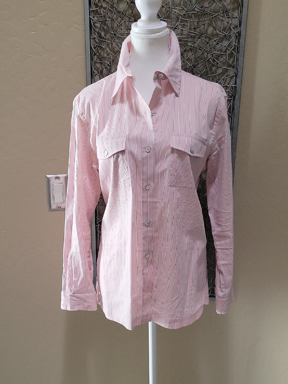 Chico's Design Pink, Black and White Striped Button DownShirt